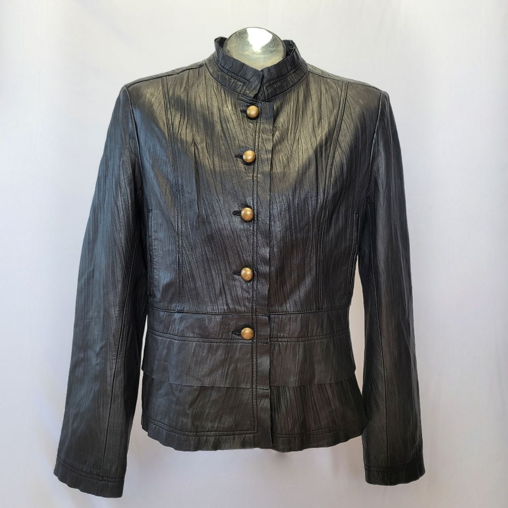 IDENTIFY Leather Victorian Stand Collar Tiered Peblum Ripple Leather Coat Sz14
